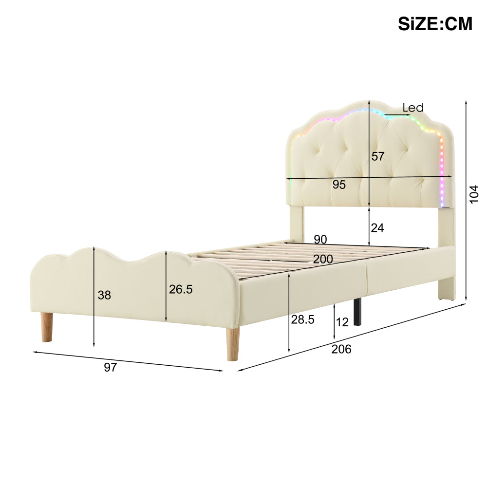 Polsterbett, Wellenförmiges Kopfteil mit Zugpunktleiste, mit mehrfarbigen, wechselnden LED-Streifen, Kinderbett mit Holzlatten, Einzelbett, PU, Weiß, 90x200cm