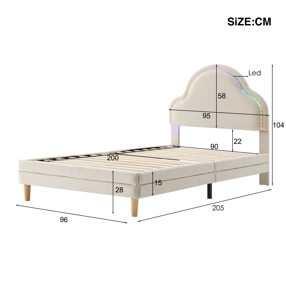 Polsterbett mit Kopfteil in Wolkenform, mit mehrfarbigen, wechselnden LED-Streifen, Kinderbett mit Holzlatten, Einzelbett, Samt, Beige, 90x200cm