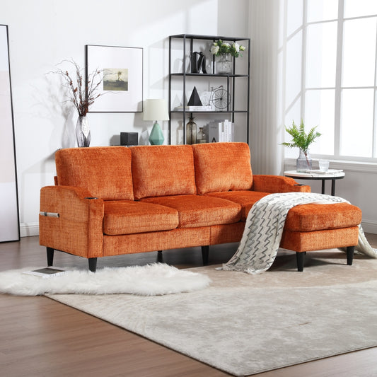 UNITED  WE WIN Sofa for three, solid wood frame, Chenille fabric, side pocket, with two cup holders, footstool with storagestorage sofa /Living room sofa cozy sectional  sofa