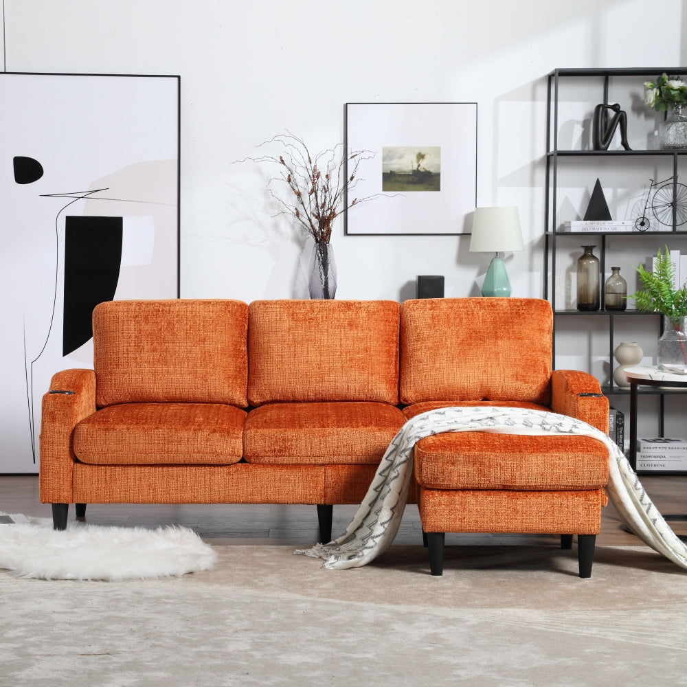 UNITED  WE WIN Sofa for three, solid wood frame, Chenille fabric, side pocket, with two cup holders, footstool with storagestorage sofa /Living room sofa cozy sectional  sofa