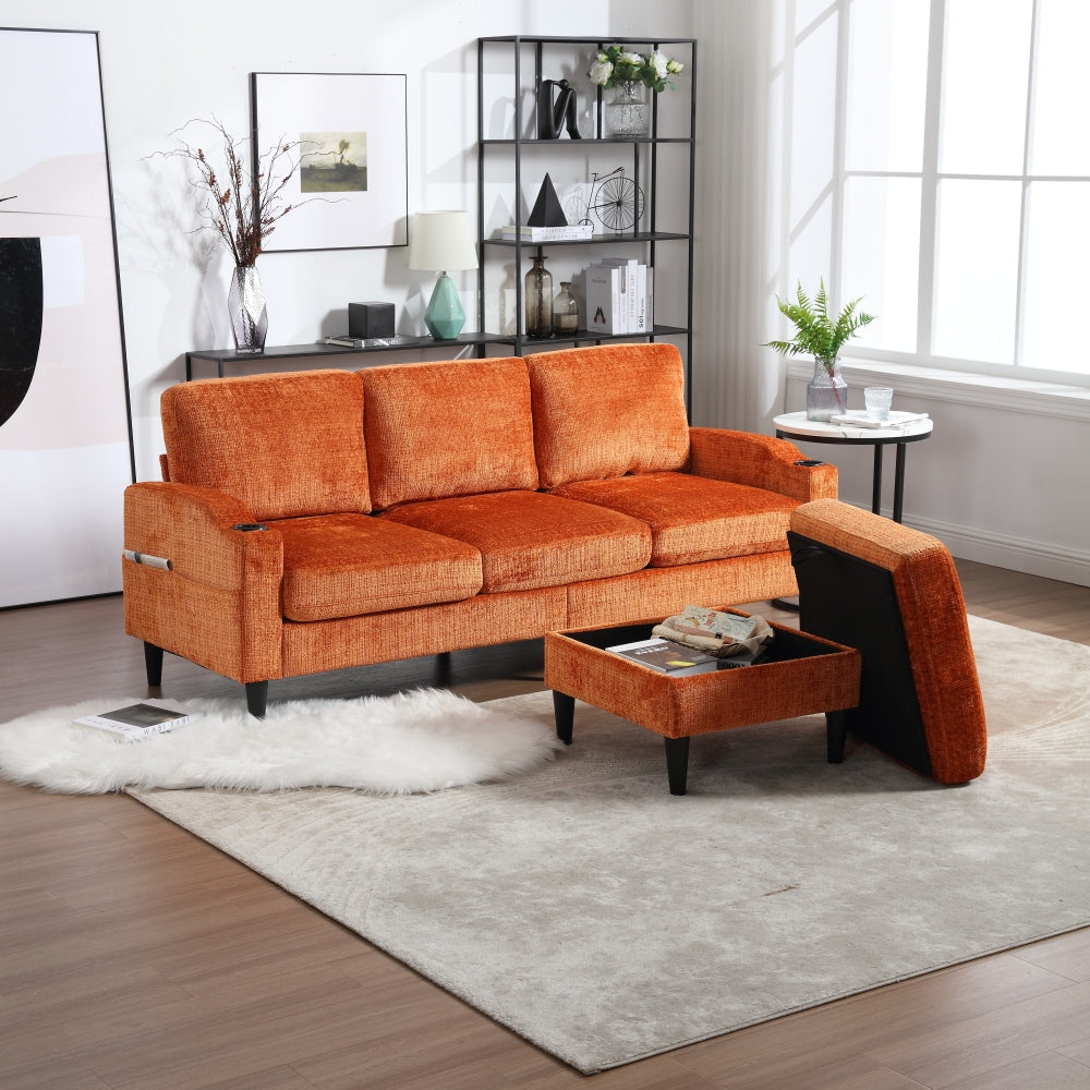 UNITED  WE WIN Sofa for three, solid wood frame, Chenille fabric, side pocket, with two cup holders, footstool with storagestorage sofa /Living room sofa cozy sectional  sofa