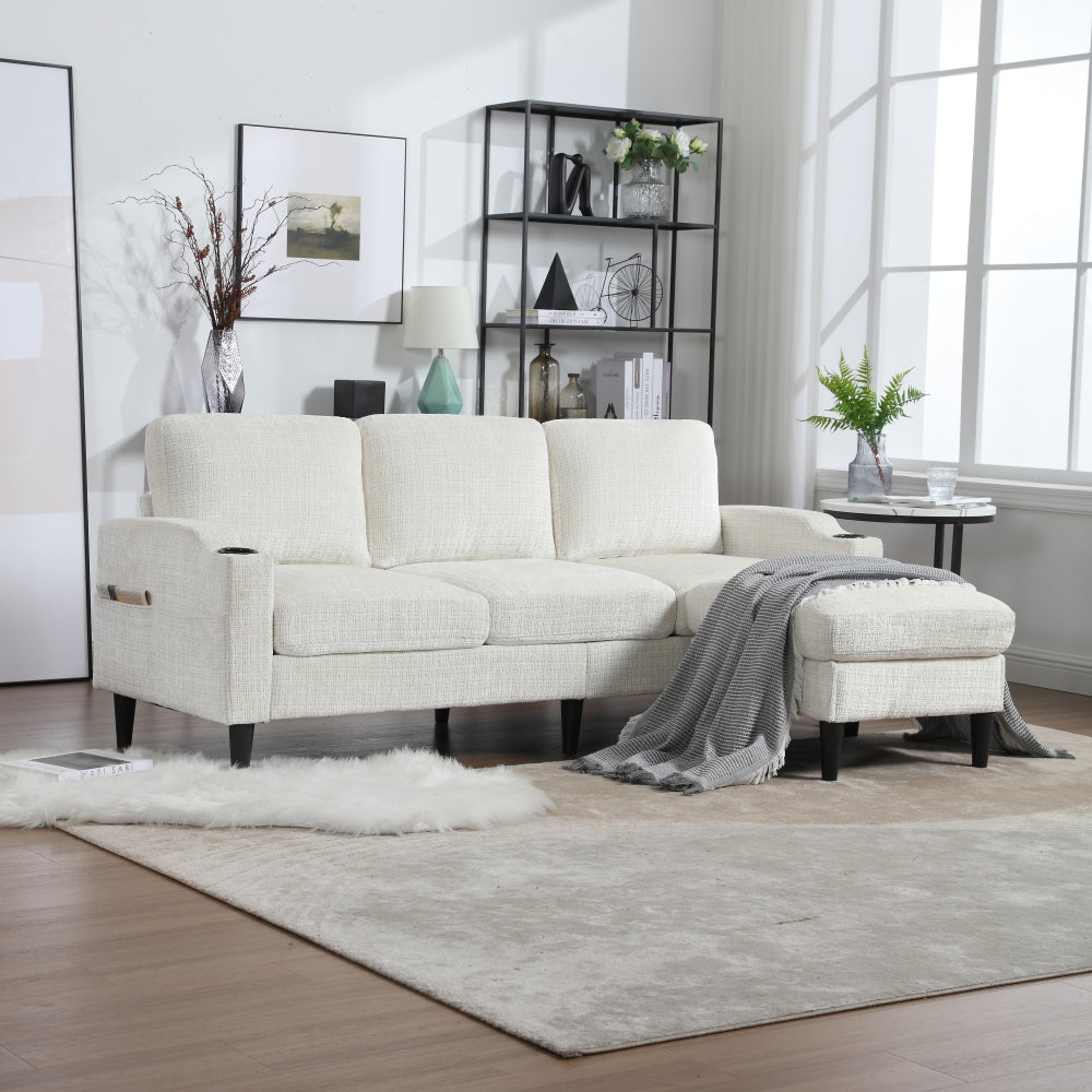 UNITED  WE WIN Sofa for three, solid wood frame, Chenille fabric, side pocket, with two cup holders, footstool with storagestorage sofa /Living room sofa cozy sectional  sofa