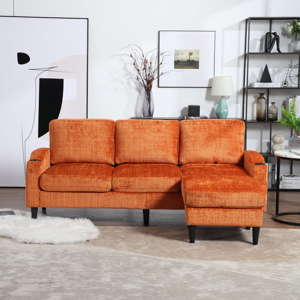 UNITED  WE WIN Sofa for three, solid wood frame, Chenille fabric, side pocket, with two cup holders, footstool with storagestorage sofa /Living room sofa cozy sectional  sofa