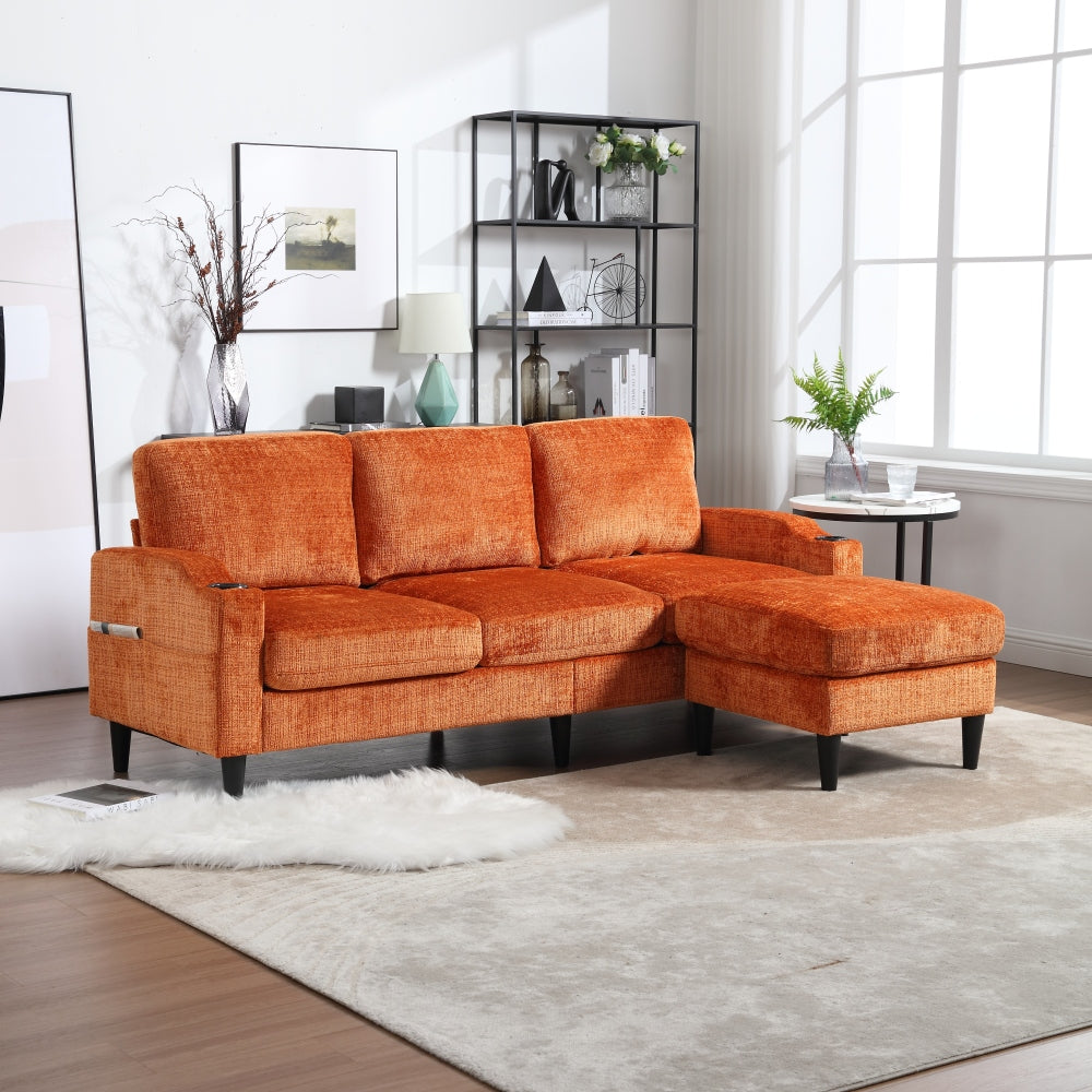 UNITED  WE WIN Sofa for three, solid wood frame, Chenille fabric, side pocket, with two cup holders, footstool with storagestorage sofa /Living room sofa cozy sectional  sofa