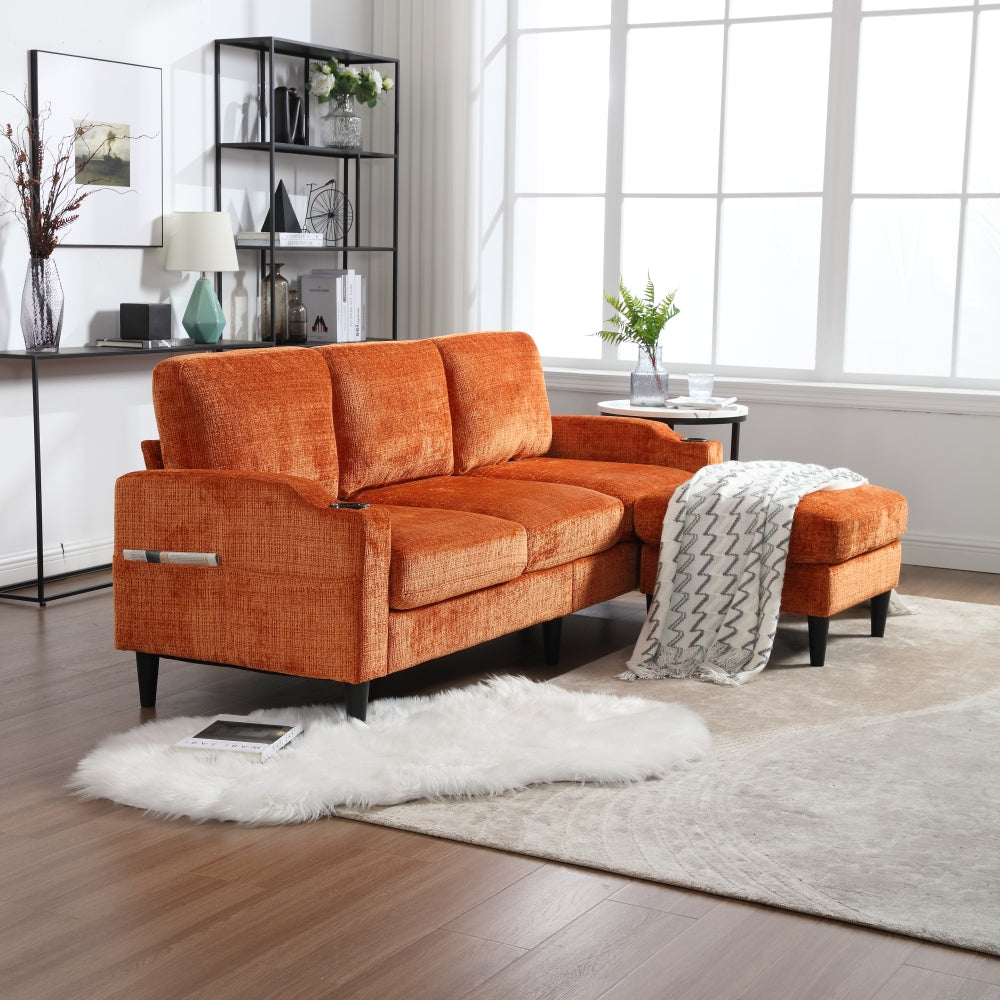 UNITED  WE WIN Sofa for three, solid wood frame, Chenille fabric, side pocket, with two cup holders, footstool with storagestorage sofa /Living room sofa cozy sectional  sofa