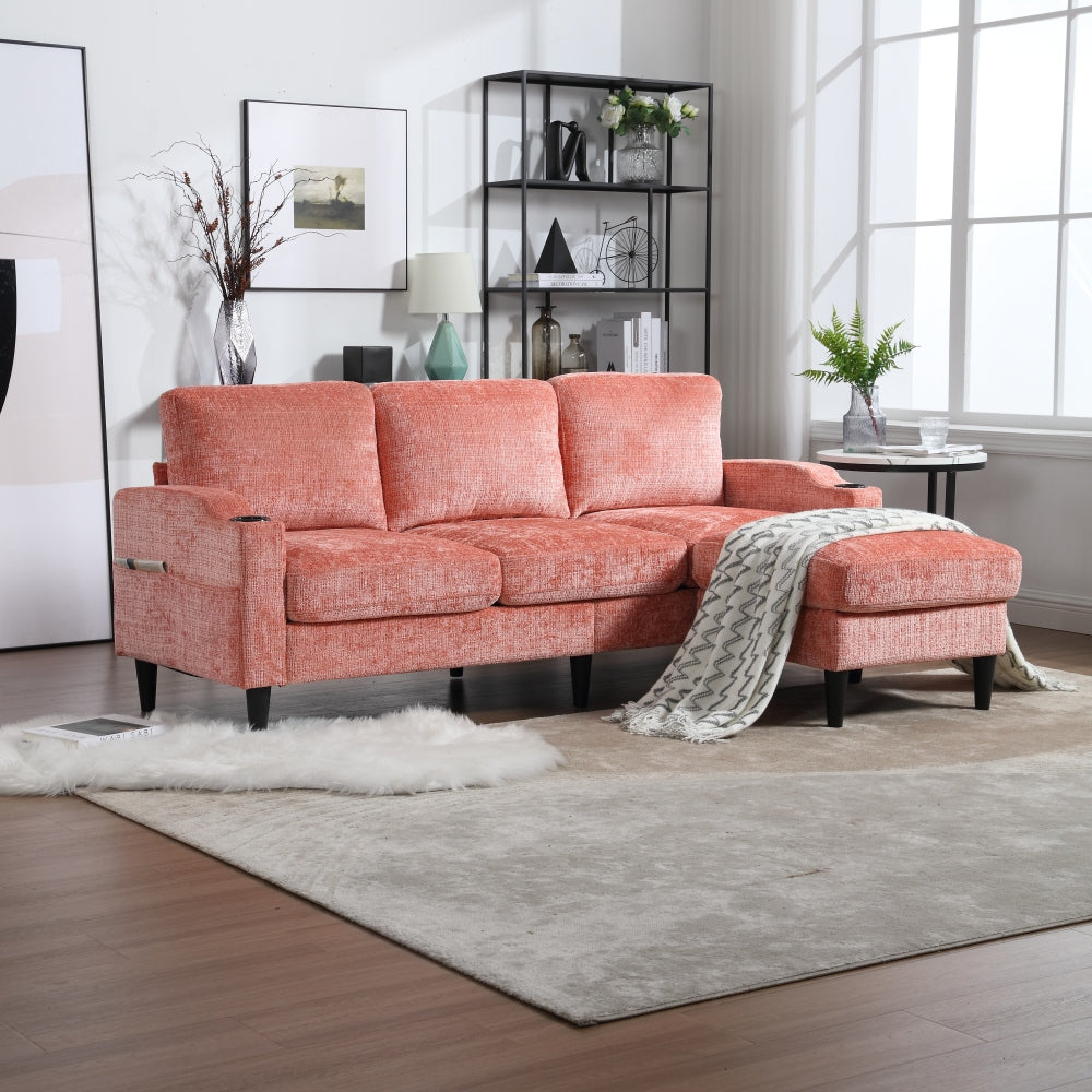 UNITED  WE WIN Sofa for three, solid wood frame, Chenille fabric, side pocket, with two cup holders, footstool with storagestorage sofa /Living room sofa cozy sectional  sofa