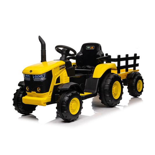 Ride on Tractor, 12 V Battery Powered Electric Vehicle Toy w/Remote Control,music, LED Lights, Removable trailer bucket, Safety Belt