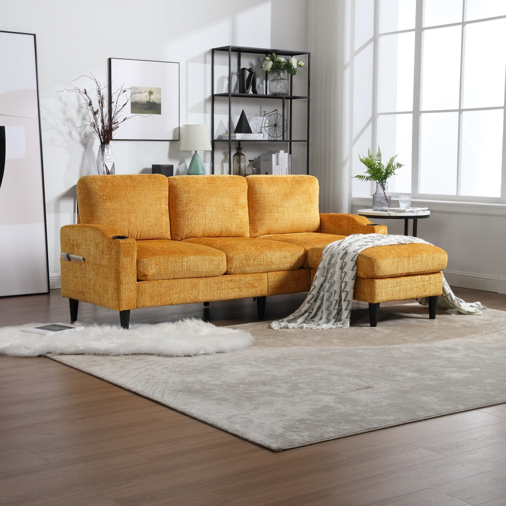 UNITED  WE WIN Sofa for three, solid wood frame, Chenille fabric, side pocket, with two cup holders, footstool with storagestorage sofa /Living room sofa cozy sectional  sofa