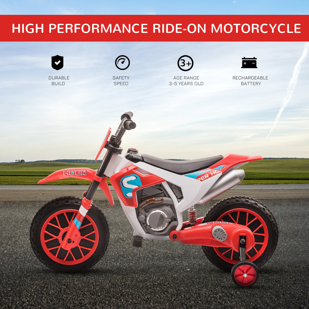 12V Kids Motorcycle Dirt Bike Electric Battery-Powered Ride-On Toy Off-road Street Bike with Charging Battery, Training Wheels Red