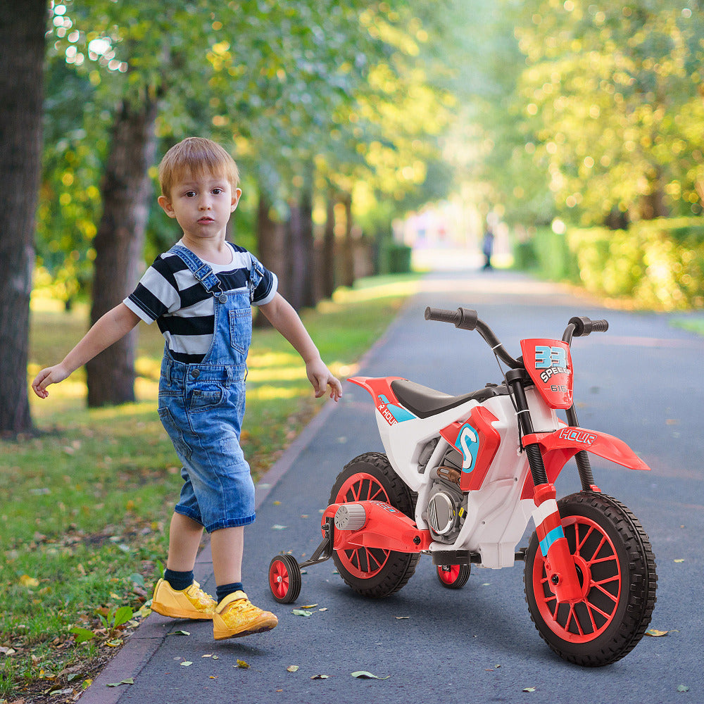 12V Kids Motorcycle Dirt Bike Electric Battery-Powered Ride-On Toy Off-road Street Bike with Charging Battery, Training Wheels Red