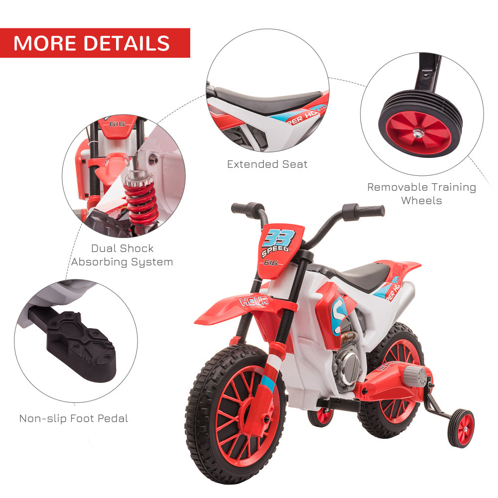 12V Kids Motorcycle Dirt Bike Electric Battery-Powered Ride-On Toy Off-road Street Bike with Charging Battery, Training Wheels Red