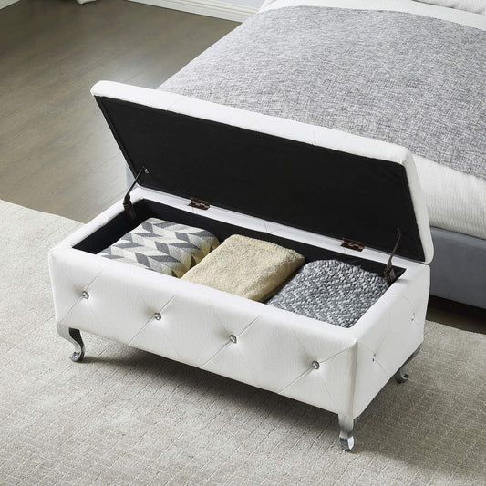 Upholstered Storage Ottoman Bench For Bedroom End Of Bed Faux Leather Rectangular Storage Benches Footrest With Crystal Buttons For Living Room Entryway (White)