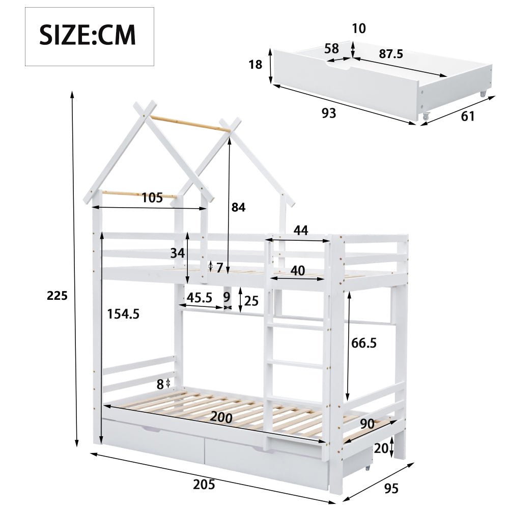 (29945960WAA)Etagenbett mit Schubladen und Regalen, Hausbett mit dreistufige rechtwinklige Leiter, Kinderbett mit Fallschutz und Gitter, Rahmen aus Kieferholz, Weiß (90x200cm)