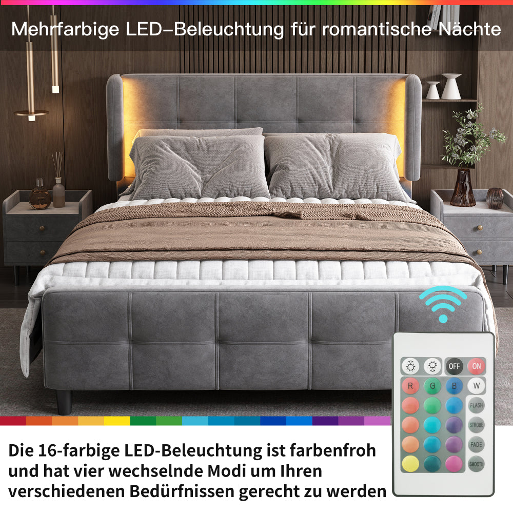 Komplettschlafzimmer Set, Modernes Design Polsterbett + 1x Nachttisch+ Betthocker, Doppelbett mit 16-farbigen Lichtleisten an den Seitenohren, Nachttisch mit 2 Schubladen, Samt, Grau (140x200 cm)