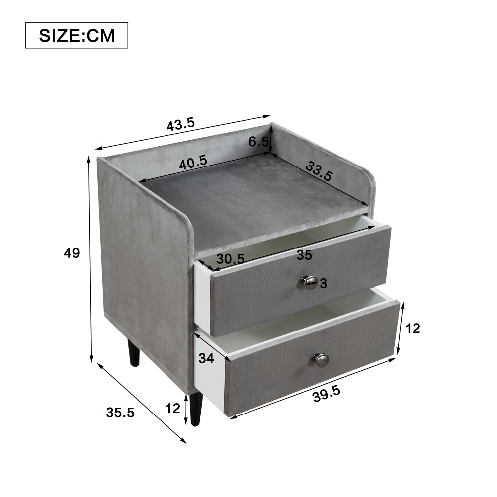 Gepolsterter Nachttisch mit 2 Schubladen, mit Schallwand, Mit Metallgriff, Stauraum im Wohnzimmer und Schlafzimmer, MDF, Samt, Grau