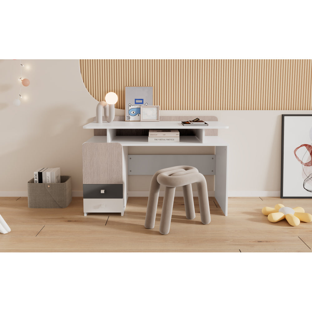 Schreibtisch, Studientisch, Tisch, Jugendzimmertisch mit drei Schubladen und einem Zwischengeschoss, Schubladen mit leisen Gleitern, MDF, Weiß + helle Ulmefarbe + Grau