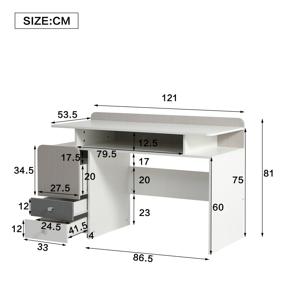Schreibtisch, Studientisch, Tisch, Jugendzimmertisch mit drei Schubladen und einem Zwischengeschoss, Schubladen mit leisen Gleitern, MDF, Weiß + helle Ulmefarbe + Grau