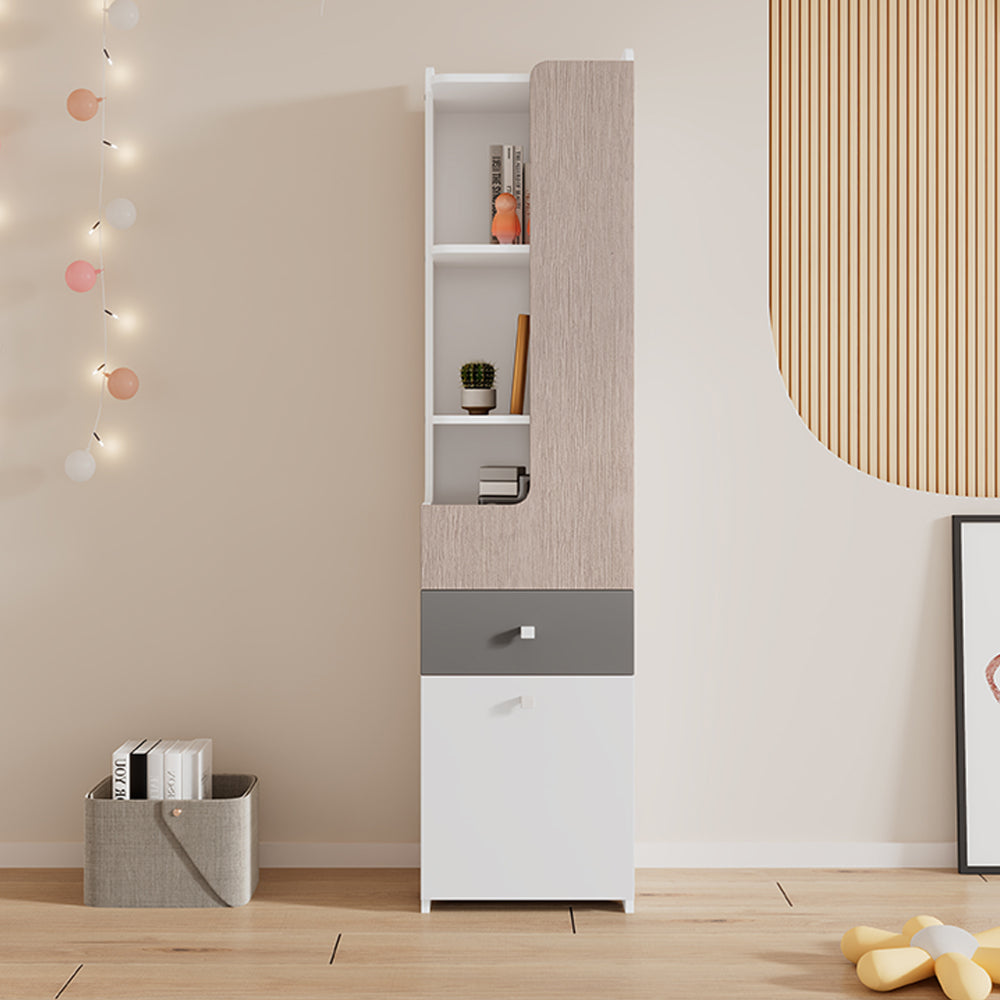 Schreibtisch, Studientisch, Tisch, Jugendzimmertisch mit drei Schubladen und einem Zwischengeschoss, Schubladen mit leisen Gleitern, MDF, Weiß + helle Ulmefarbe + Grau