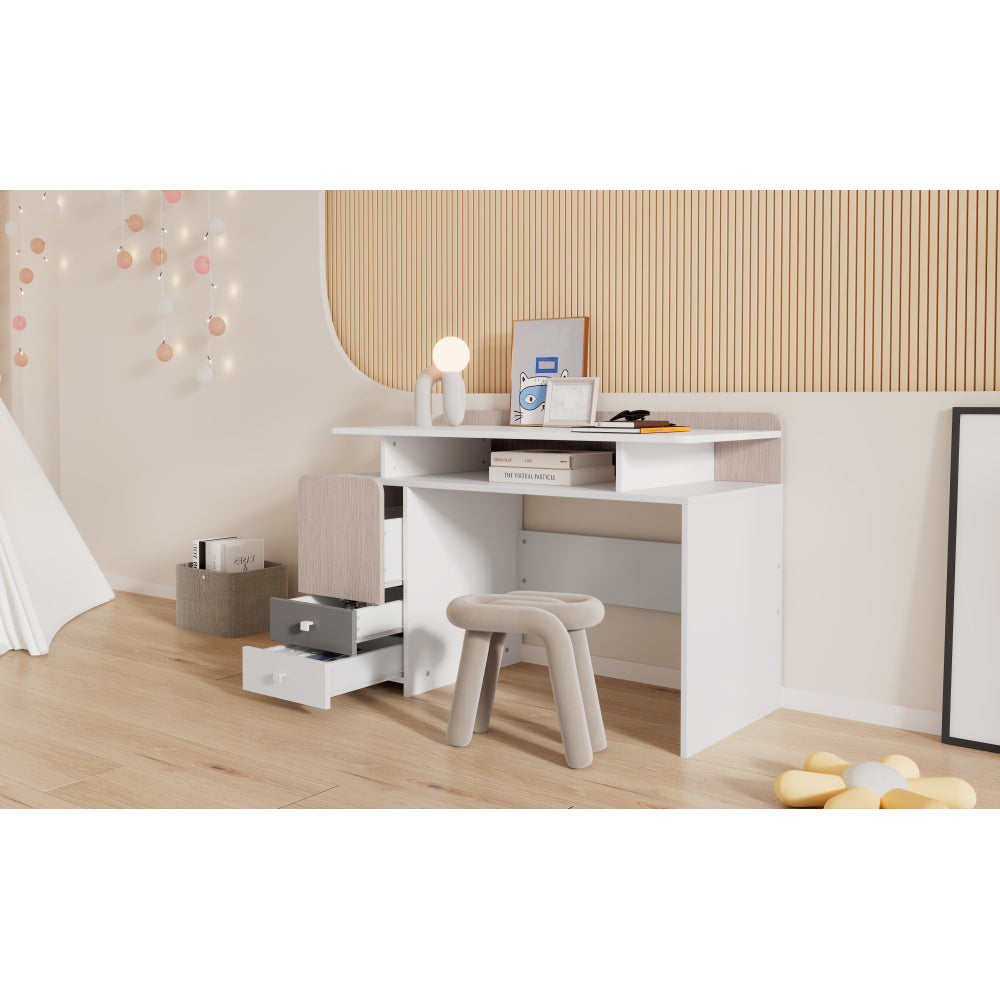 Schreibtisch, Studientisch, Tisch, Jugendzimmertisch mit drei Schubladen und einem Zwischengeschoss, Schubladen mit leisen Gleitern, MDF, Weiß + helle Ulmefarbe + Grau