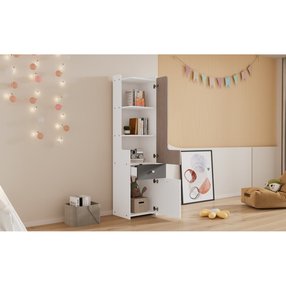 Hohes Bücherregal, Teenager-Regal mit L-förmigen Tür, mit Schublade, Aufbewahrungsschränke, Türen mit Scharnieren, mit quadratische Metallknöpfe, MDF, Weiß + helle Ulmefarbe + Grau