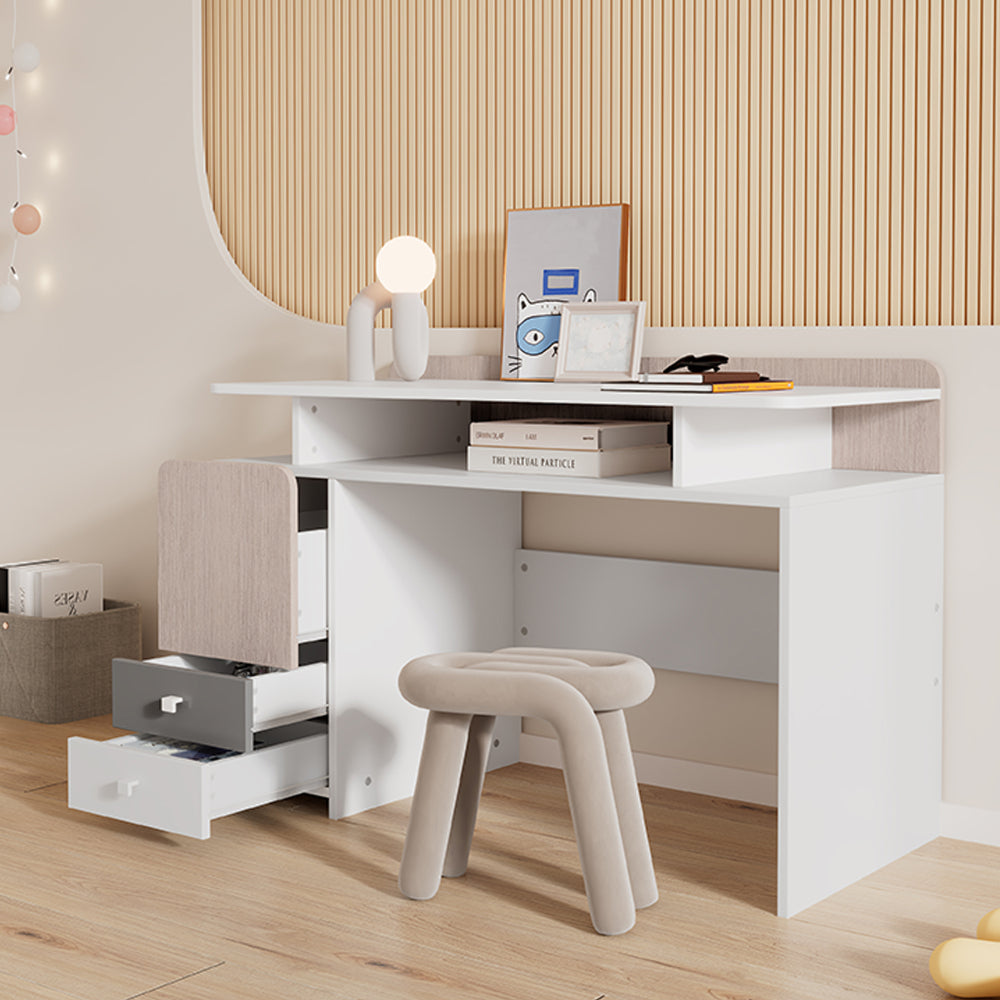 Schreibtisch, Studientisch, Tisch, Jugendzimmertisch mit drei Schubladen und einem Zwischengeschoss, Schubladen mit leisen Gleitern, MDF, Weiß + helle Ulmefarbe + Grau