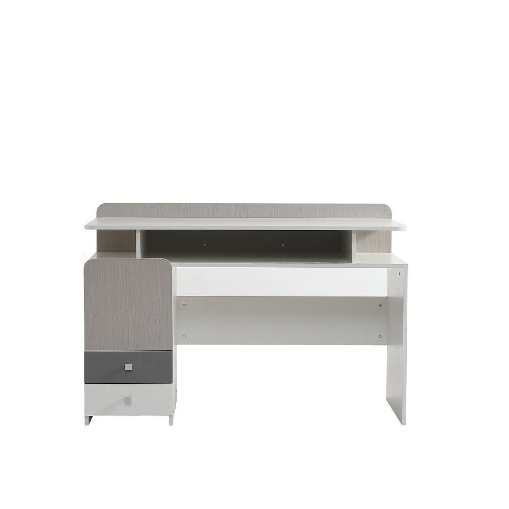 Schreibtisch, Studientisch, Tisch, Jugendzimmertisch mit drei Schubladen und einem Zwischengeschoss, Schubladen mit leisen Gleitern, MDF, Weiß + helle Ulmefarbe + Grau