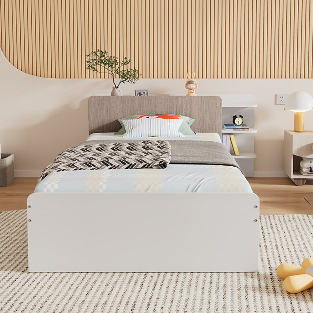Schreibtisch, Studientisch, Tisch, Jugendzimmertisch mit drei Schubladen und einem Zwischengeschoss, Schubladen mit leisen Gleitern, MDF, Weiß + helle Ulmefarbe + Grau