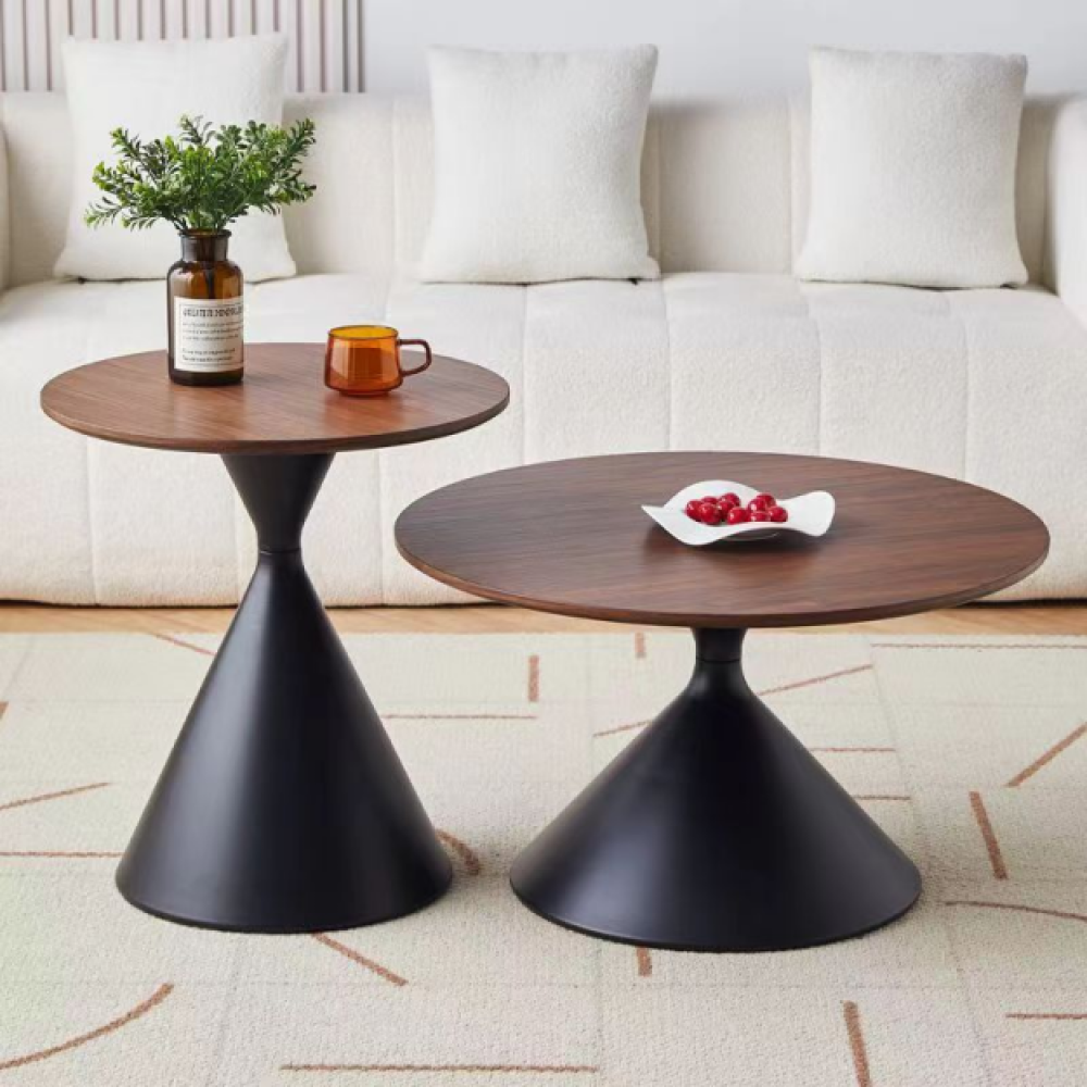 Set of 2 coffee round tables with a Wulnut WOODEN-look top and black steel base