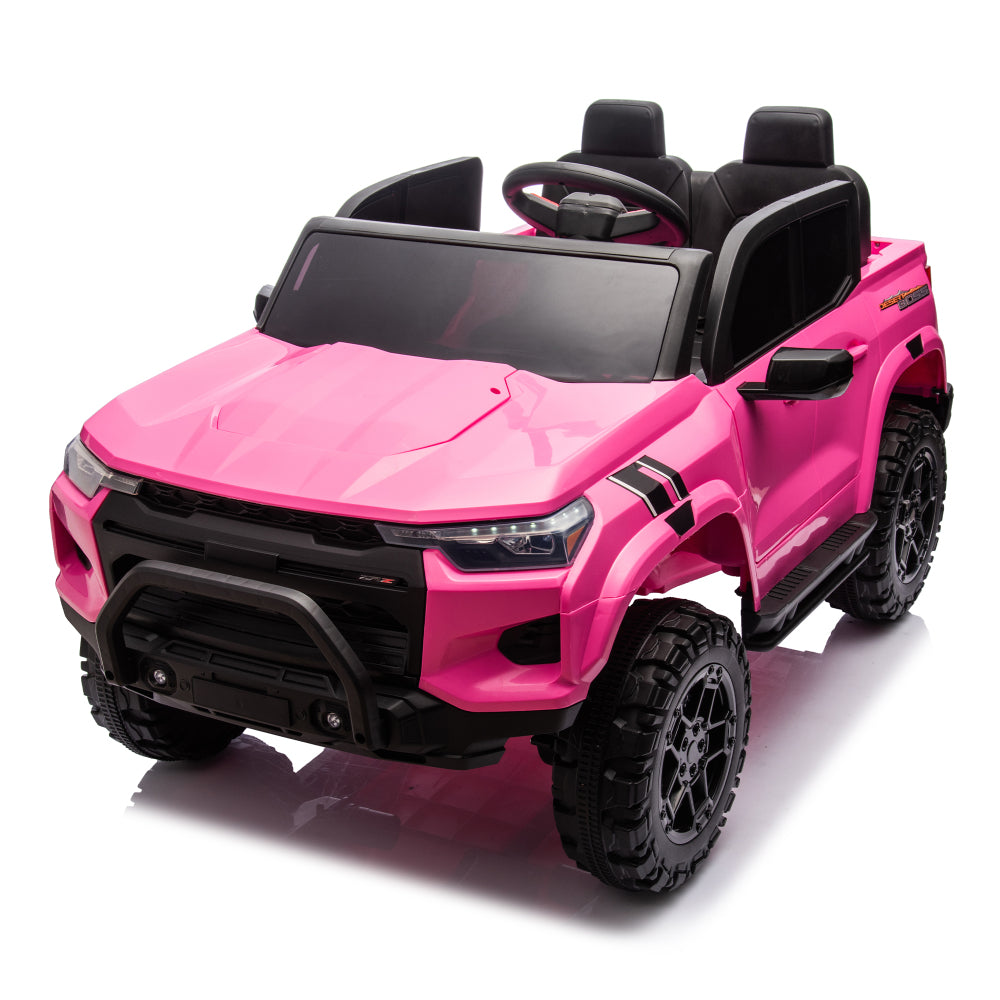 24V10A Two-seater Kids Ride On Electric Pickup, kids ride on toy W/parents remote control,4WD 800W motors,Two Safety belts,High Gate Safety Design,USB,Bluetooth, Speed 2.49-3.73MPH for kids aged 3+.