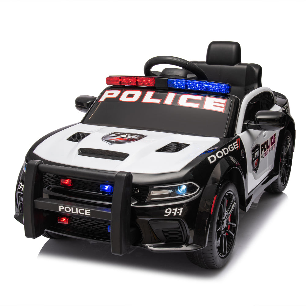 Licensed Dodge Charger,12v Kids ride on police car W/Parents Remote Control,anti-collision bar,Front& top alarm light design,Police car sticker,megaphone,three-speed,slow start,Four wheel suspension.