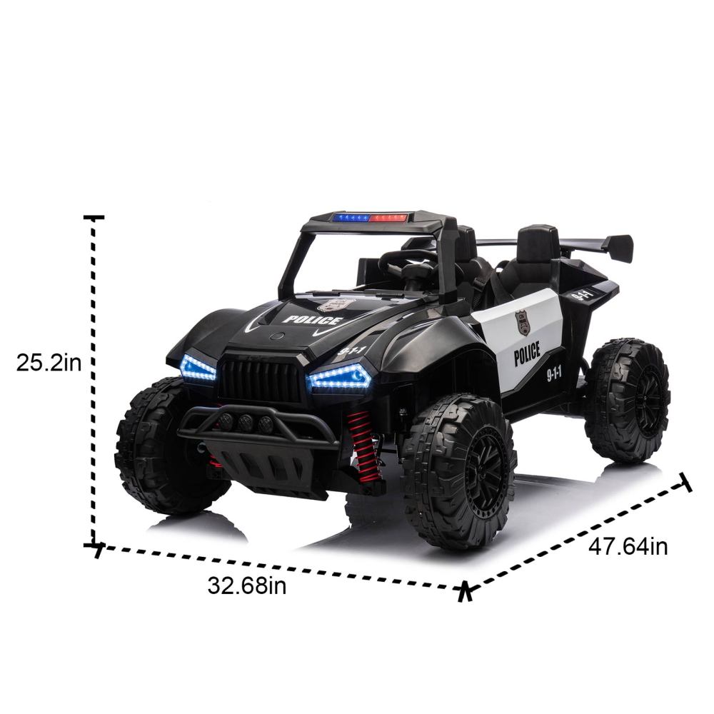 24V Two-seater Kids Ride On Electric Car W/Parents Control,Seat width 20.47in,2WD,Four-wheel suspension,The police car with a megaphone,Power display,Bluetooth,MP3,USB/TF,Music,LED Lights for Kids.