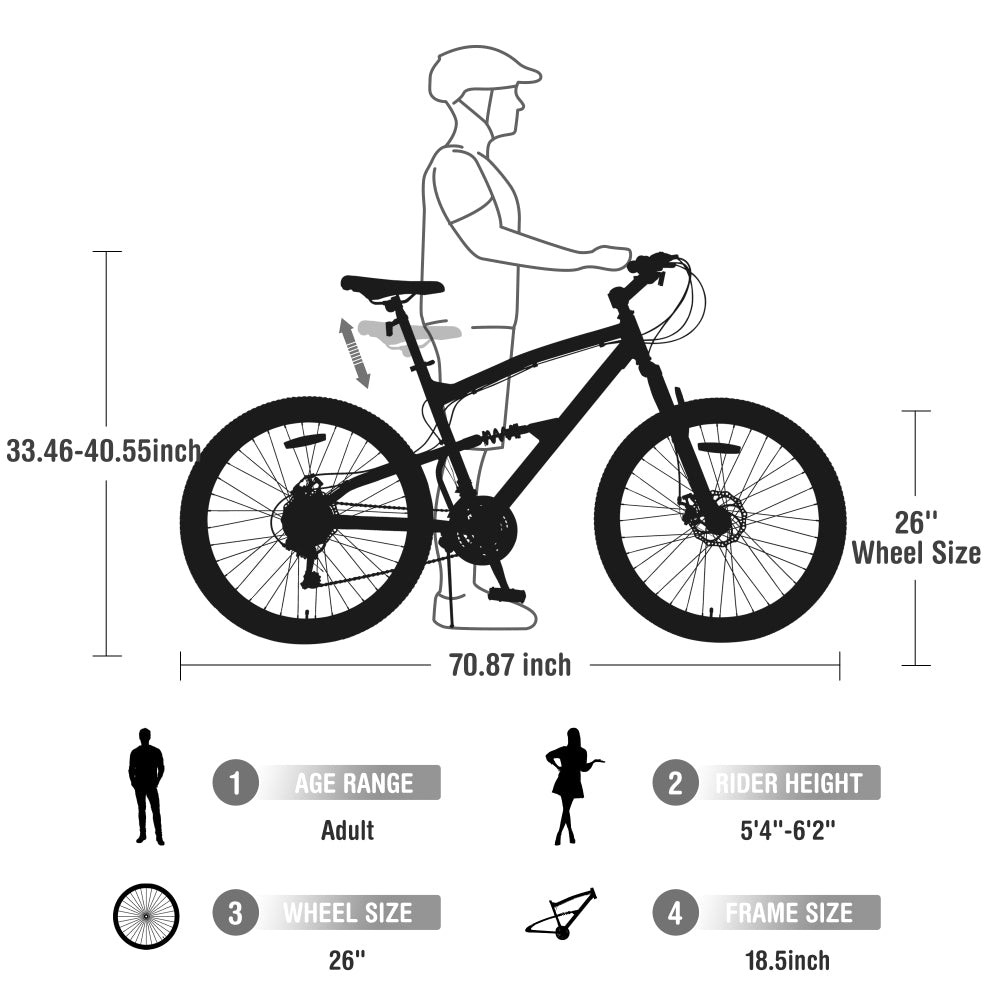 26 inch Mountain Bike  21-Speed Dual Suspension Aluminum Alloy Frame For Men and Women's Bike