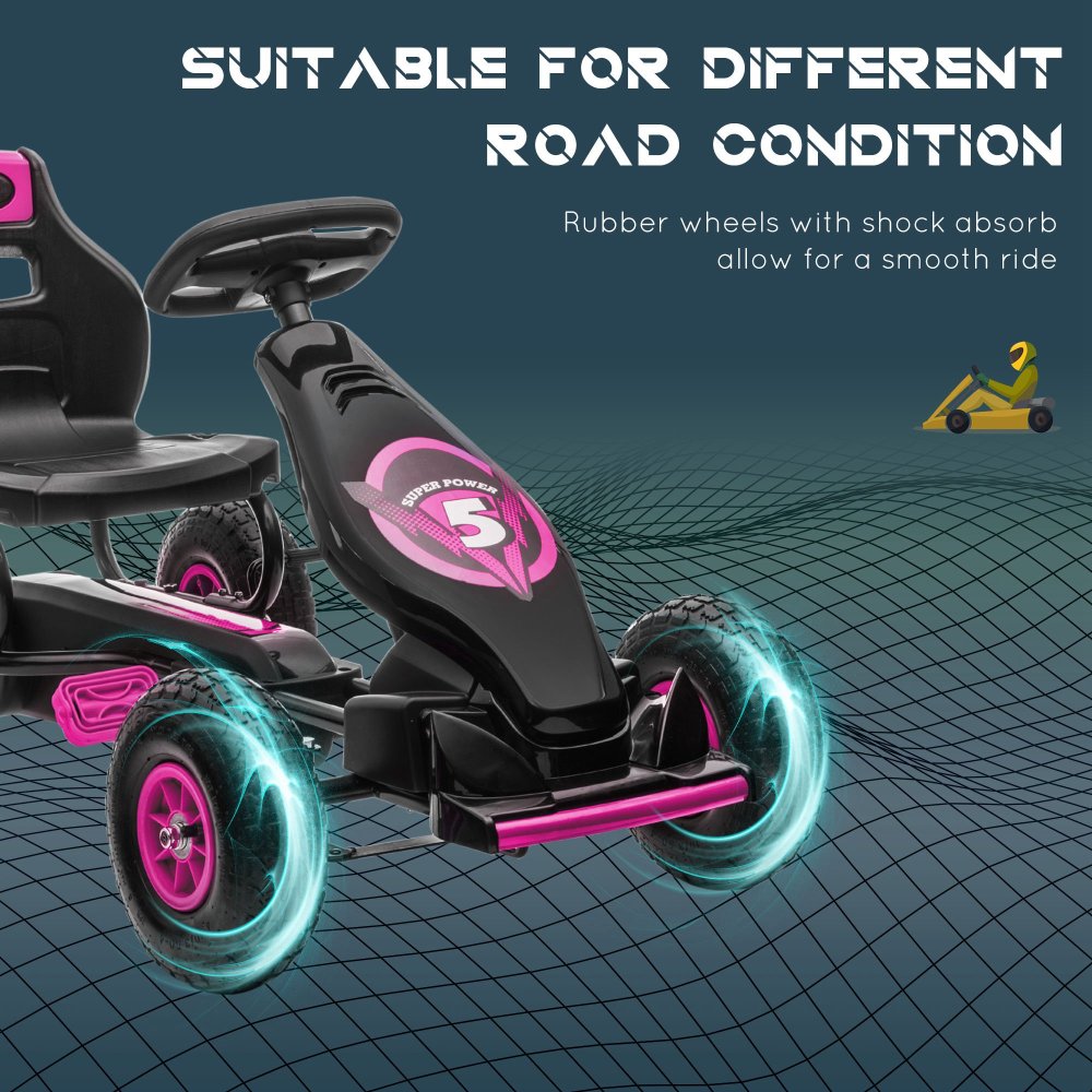 Aosom Kids Pedal Go Kart Ride-on Toy with Ergonomic Comfort, Pedal Car with Tough, Wear-Resistant Tread, Go Cart Kids Car for Boys & Girls with Suspension System, Safety Hand Brake, Ages 5-12, Pink