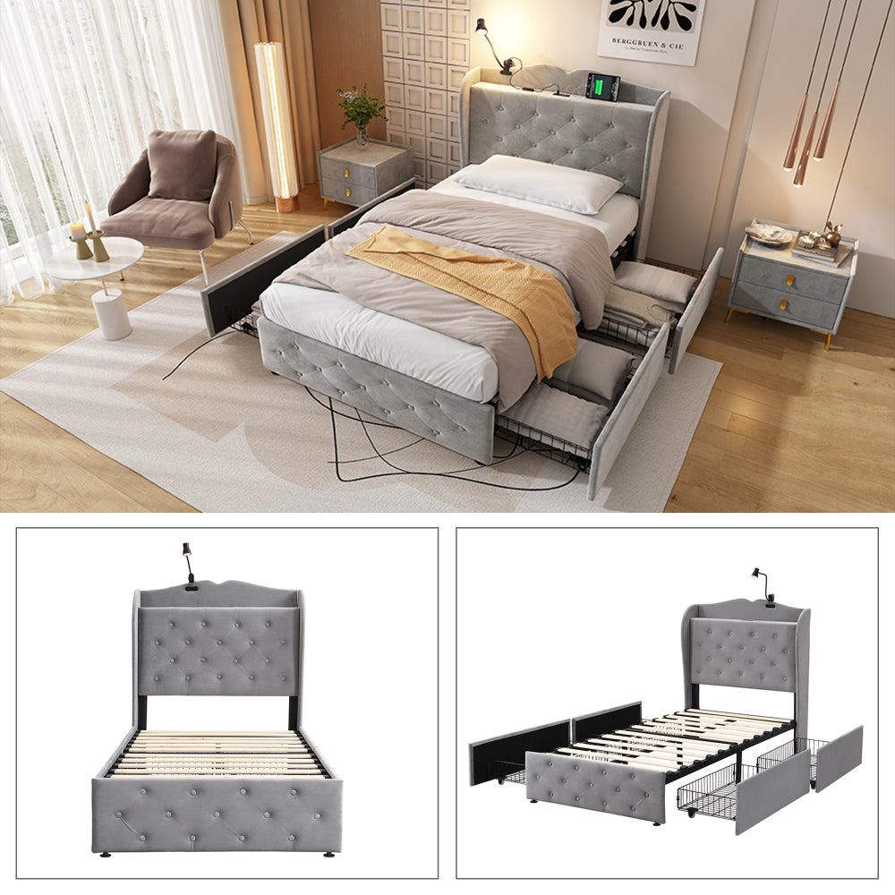 Upholstered Bed, Storage Bed, 3FT single bed 90x190cm, With 4 drawers and Lamp, 4 USB port, Durable and Sturdy, Youth bed, for adults & teenagers, Velvet, Grey