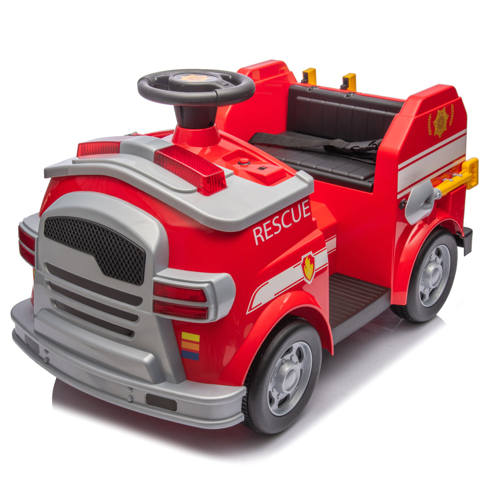 12V Kids Ride On Electric Car.Fire Engine Shape Design with Early education function,Human-vehicle interaction with A variety of fire tools.Lights, horns, and sirens,Slow Start For kids Aged 3-7.