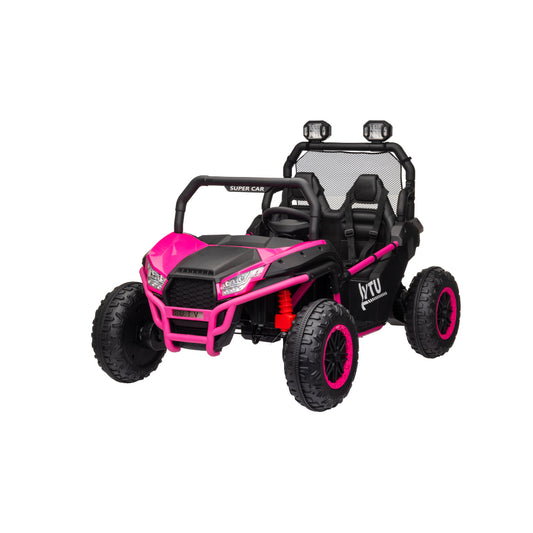 24 Volt Ride on Toys with Remote, Metal Frame Electric Powered off-Road UTV with 2 XL Seater, 4x200W 5MPH Max, 4WD/2WD Switchable, 3 Speeds, Bluetooth, Storage, Pink