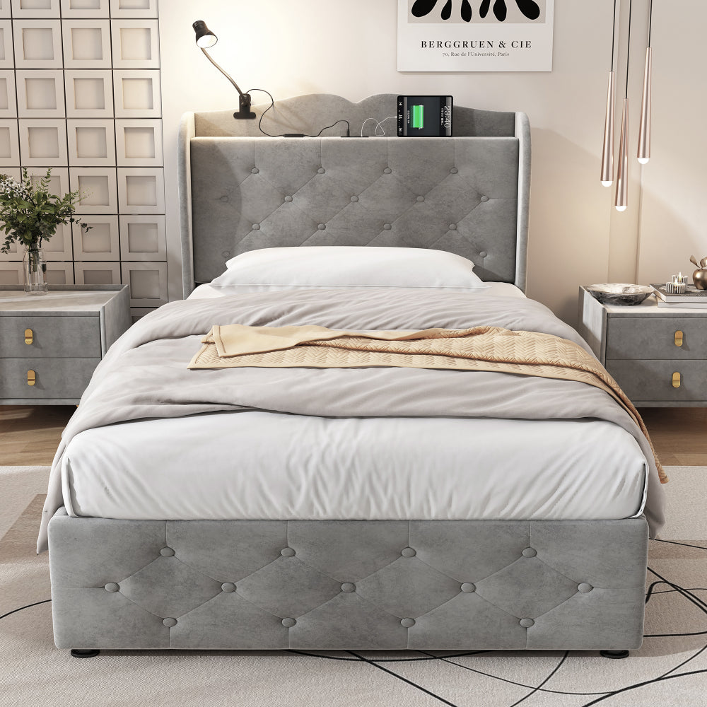 Upholstered Bed, Storage Bed, 3FT single bed 90x190cm, With 4 drawers and Lamp, 4 USB port, Durable and Sturdy, Youth bed, for adults & teenagers, Velvet, Grey