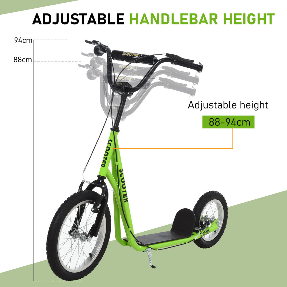 Aosom Youth Scooter, Teens Kick Scooter, Adjustable Handlebar Ride On Toy for 5+ with 16" Front and 12" Rear Dual Brakes Inflatable Wheels, Green