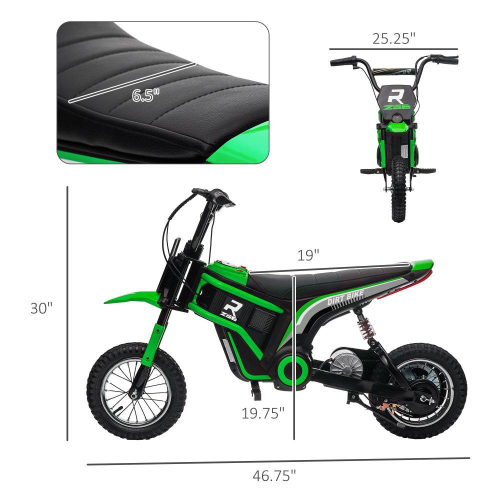 Aosom Electric Dirt Bike with Twist Grip Throttle, 24V 350W Off-Road Electric Motorcycle, Up to 15 MPH with Brake, Music Horn, Rear Suspension for Ages 13+ Years, Green