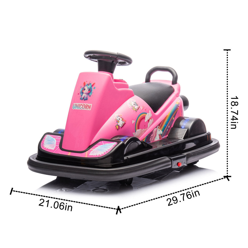 12V Kids Ride On Motor Bumper Car,integrating system,Rotate 360 degrees in place,Collision triggers sound effects and lights,Four-wheel waterfall light,Cute appearance design for kids aged 3-5.