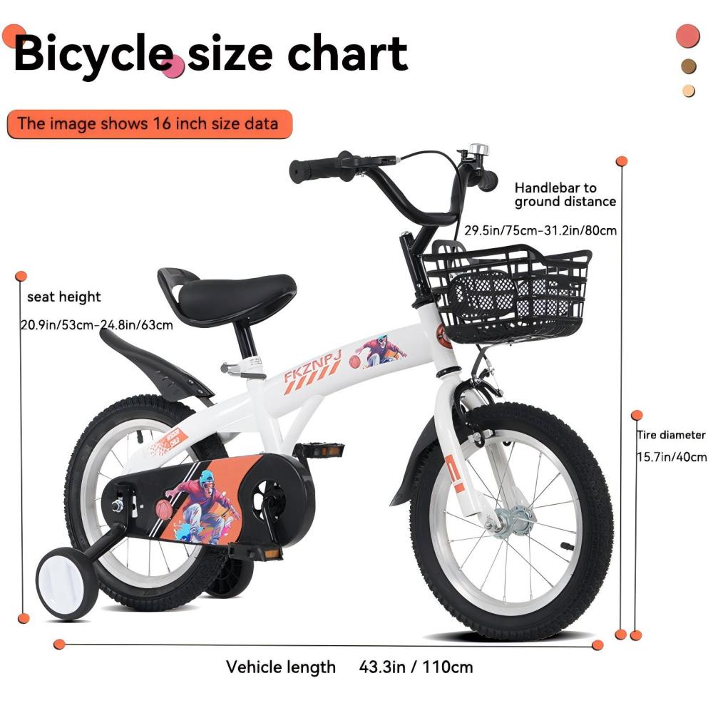 FKZNPJ 16 inch sporty kids bike with training wheels and stand Adjustable saddle Suitable for boys and girls aged 4-8 years tall Height 41-46 inches Available in a variety of colors