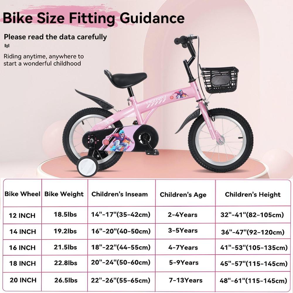 FKZNPJ 18 inch sporty kids bike with training wheels and stand Adjustable saddle Suitable for boys and girls aged 5-10 years tall Height 39-49 inches Available in a variety of colors