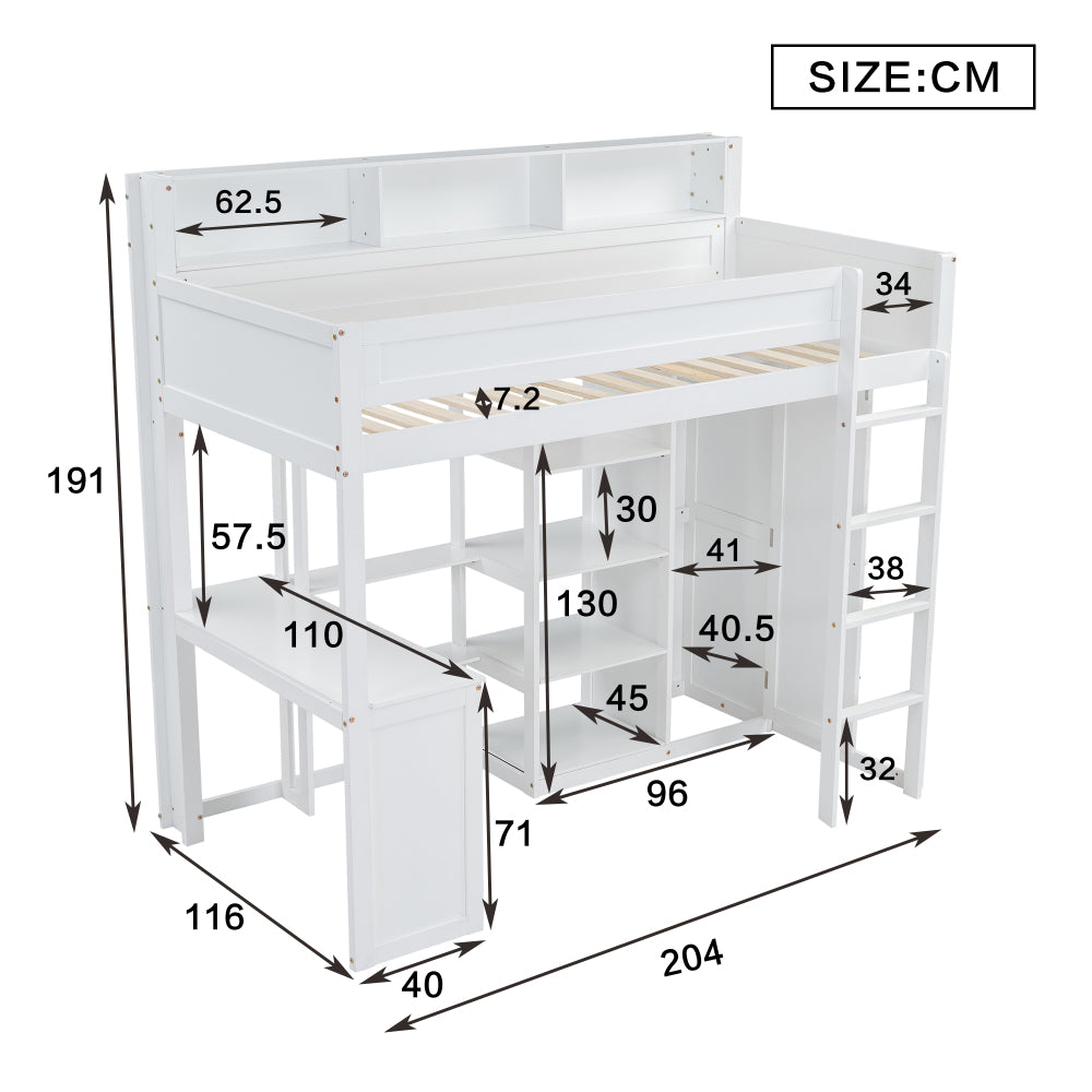 Etagenbett mit Tisch und Kleiderschrank, Kinderbett, mit Fallschutzgitter, mit Regalen und vierstufiger Leiter, integrierter Stauraum, Kiefer+MDF+Sperrholz, Weiß, 90x200cm