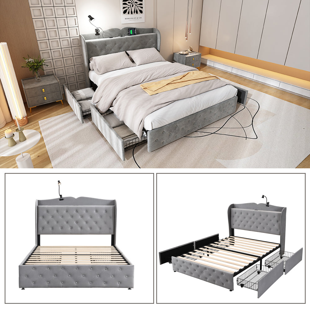 Upholstered Bed, 4ft6 double bed 135x190cm, With 4 drawers and Lamp, 4 USB port, Durable and Sturdy, Youth bed, for adults & teenagers, Multifunctional bed, Velvet, Grey