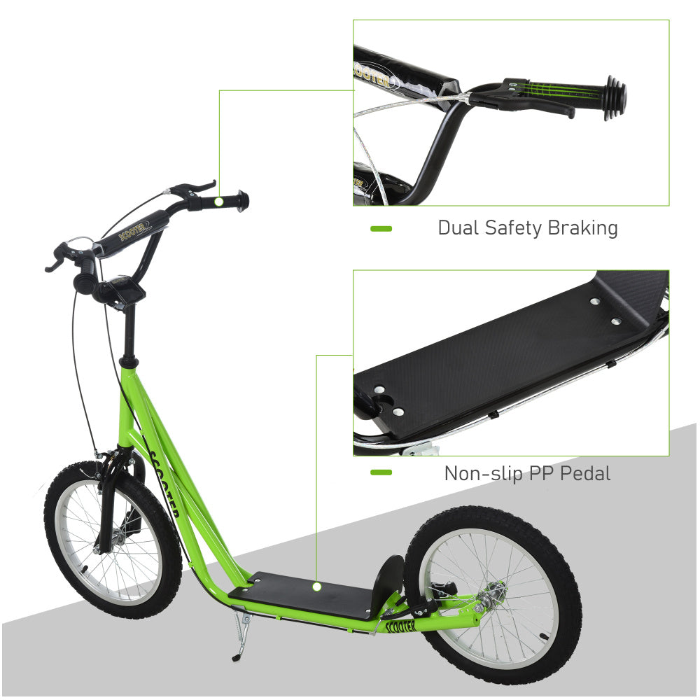 Aosom Youth Scooter Kick Scooter for Kids 5+ with Adjustable Handlebar 16" Front and Rear Dual Brakes Inflatable Wheels, Light Green