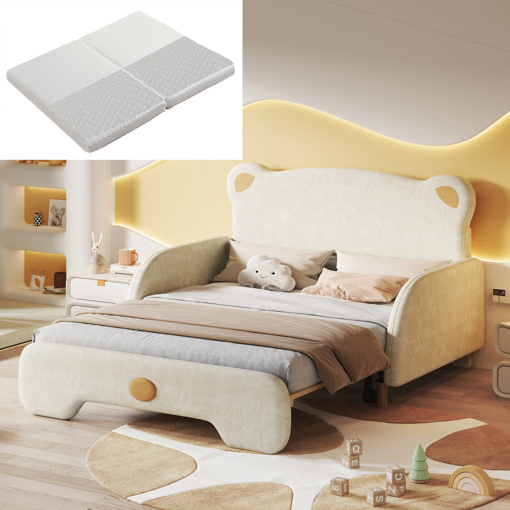 Doppelbett in Bärenform, Polsterbett, Kinderbett, Tagesbett, Ausziehbett, mit weichen Schutzkanten, mit Holzlatten, Samt, Beige (140x110cm&140x200cm)