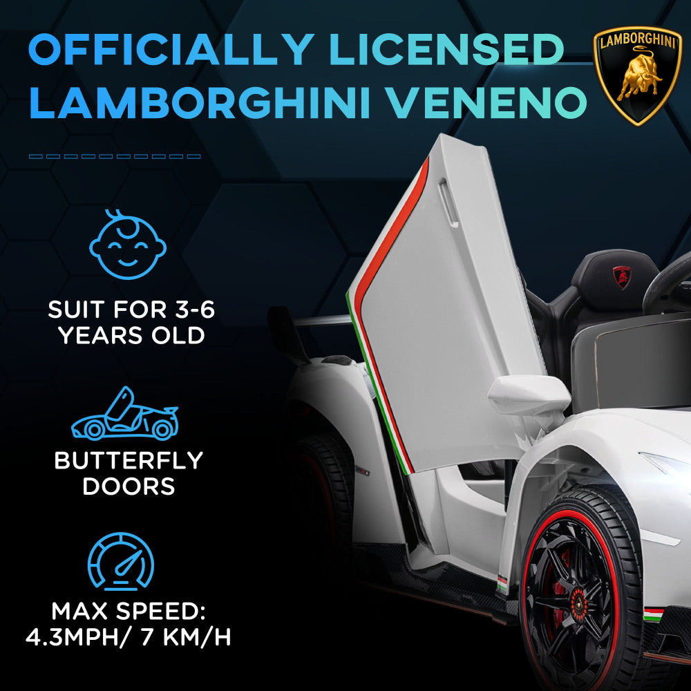 Aosom Lamborghini Veneno Licensed Kids Electric Car with  Bluetooth, 12V Ride on Car with Butterfly Doors, Remote Control, Portable Battery, Suspension System, Horn, Songs, Lights, White