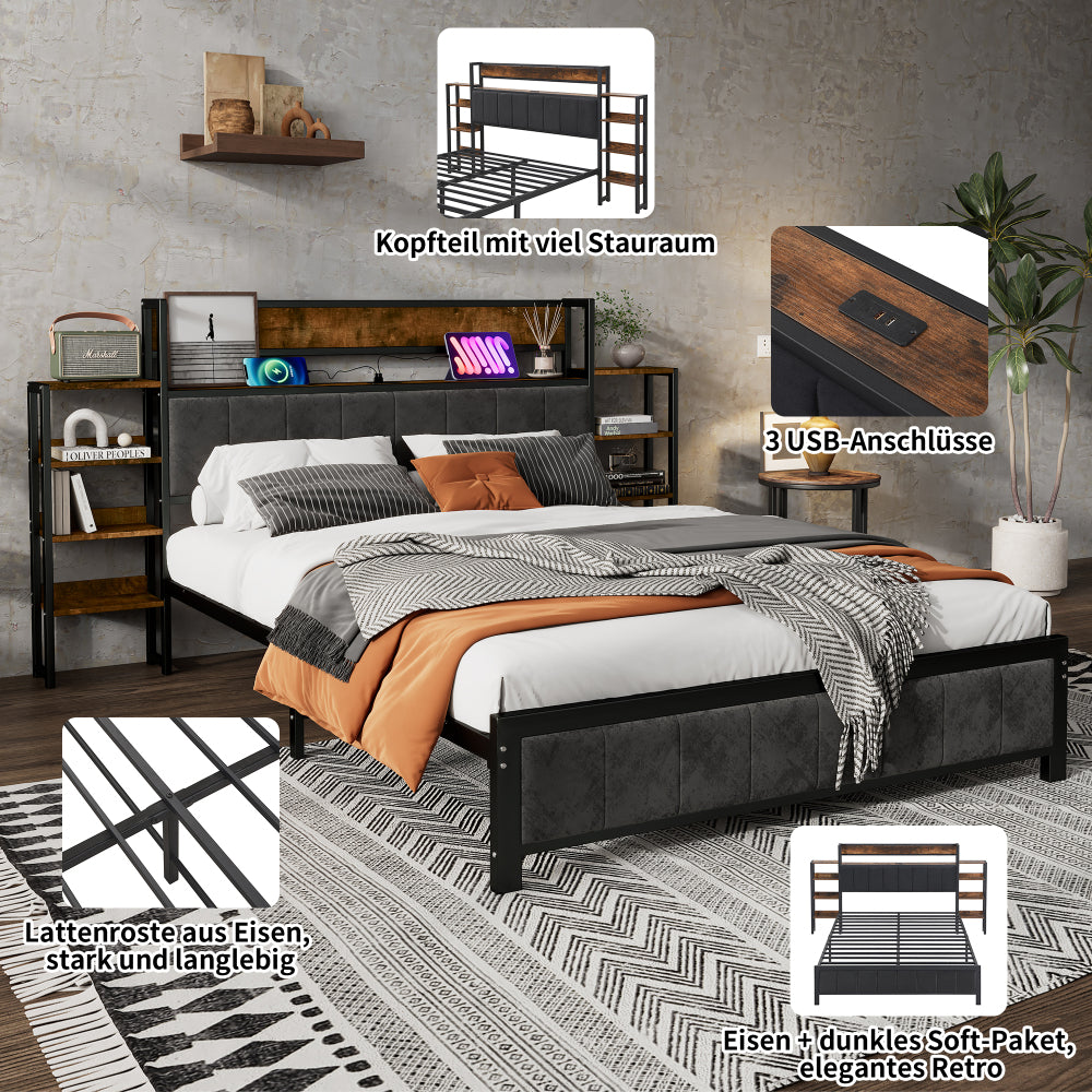 Metallbett, Lagerungsbett, Kopfteil mit Regal, 3 usb-anschlüsse, Dunkler Samtschwamm, Heranwachsende und Erwachsene, Metallrahmen, Flachbetten, Metall+MDF+Velvet, Schwarz + Walnuss, 140x200cm