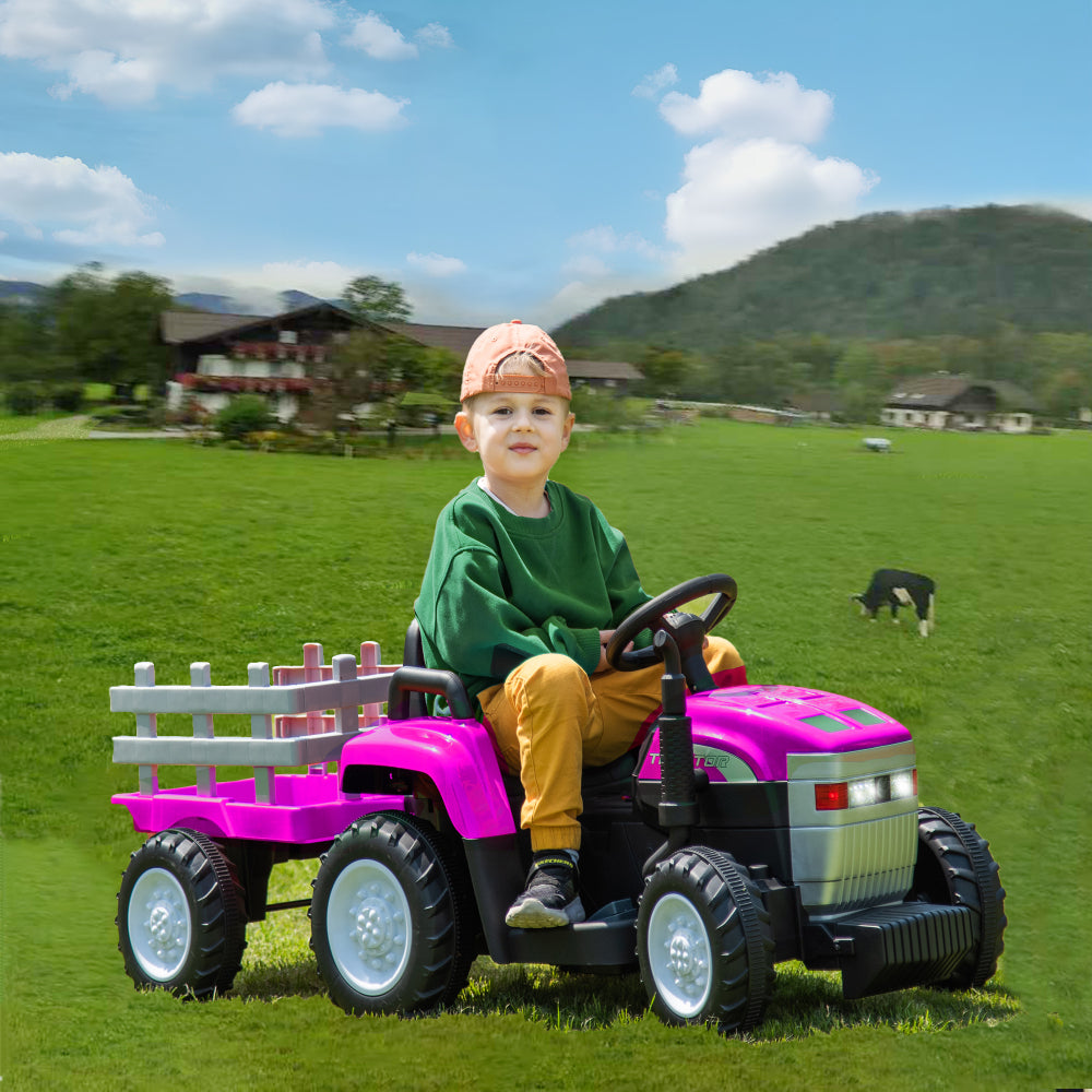 Pink, 12V7AH Battery-Powered Toy Tractor with Trailer, Remote Control, Kids' Electric Excavator Vehicles with 2x35W Dual Motor, Treaded Tires, LED Lights, USB, Music, Safety Belt - Gift Childrens DAY