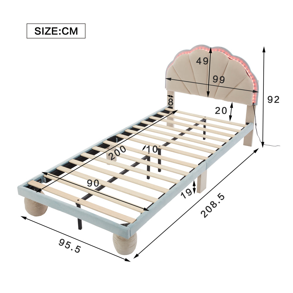 Polsterbett mit mehrfarbigen, wechselnden Lichtstreifen, Kopfteil mit Wellenschliff, mit gepolsterter runden Beine, Kinderbett mit Holzlatten, Einzelbett, Samt, Beige+Blau, 90x200cm